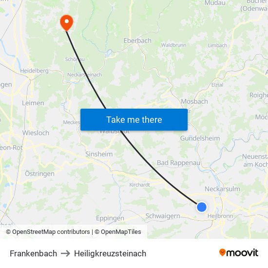 Frankenbach to Heiligkreuzsteinach map