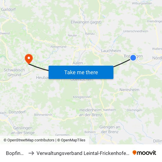 Bopfingen to Verwaltungsverband Leintal-Frickenhofer Höhe map