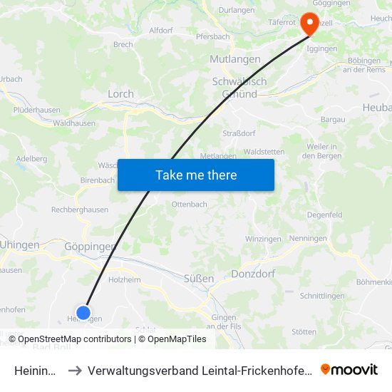 Heiningen to Verwaltungsverband Leintal-Frickenhofer Höhe map