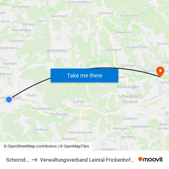 Schorndorf to Verwaltungsverband Leintal-Frickenhofer Höhe map