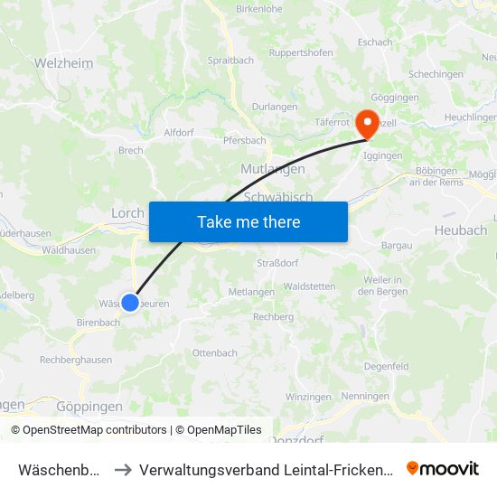 Wäschenbeuren to Verwaltungsverband Leintal-Frickenhofer Höhe map