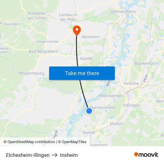 Elchesheim-Illingen to Insheim map