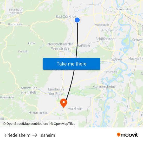 Friedelsheim to Insheim map