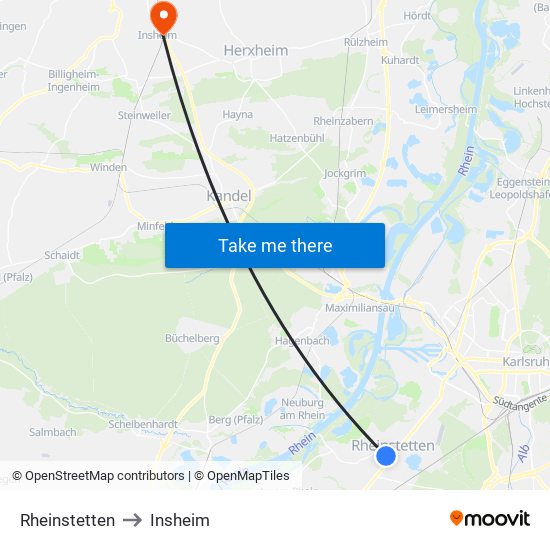 Rheinstetten to Insheim map