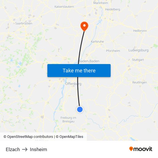 Elzach to Insheim map