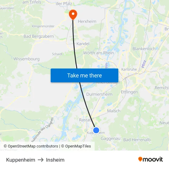 Kuppenheim to Insheim map