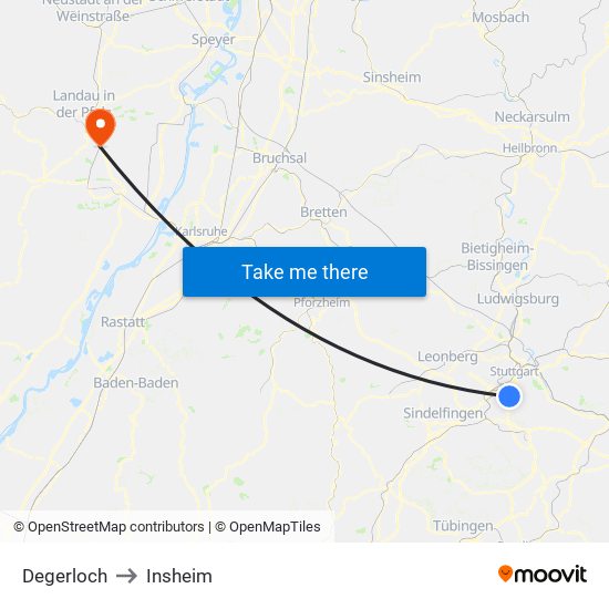 Degerloch to Insheim map