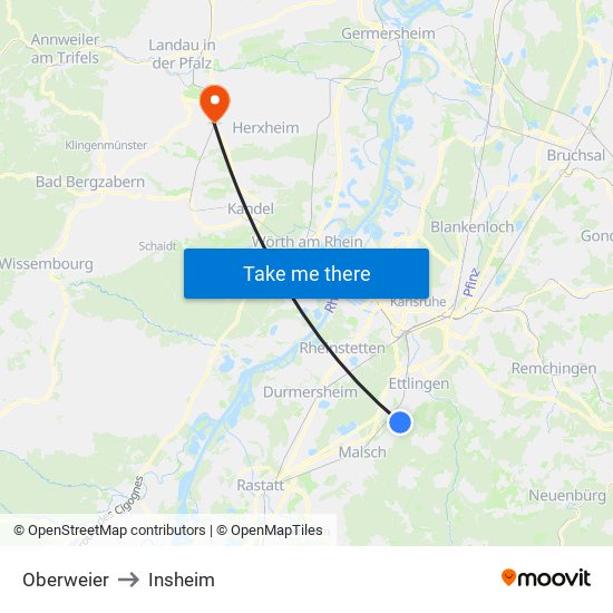 Oberweier to Insheim map