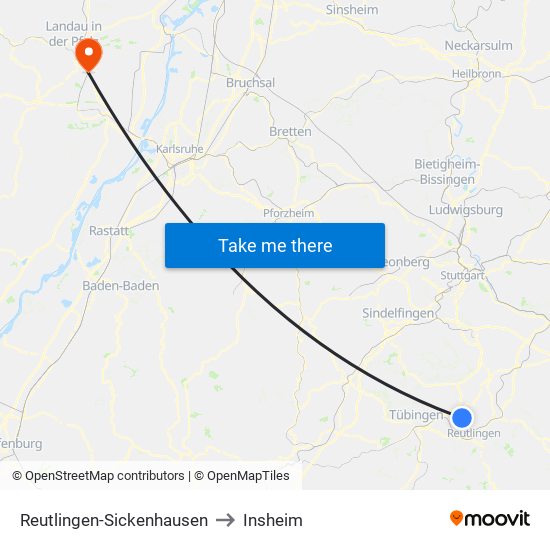 Reutlingen-Sickenhausen to Insheim map