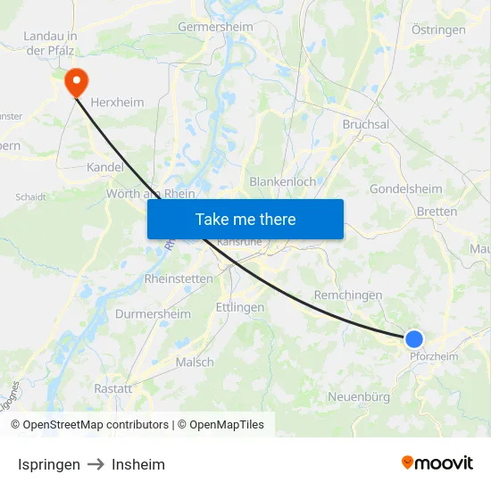 Ispringen to Insheim map