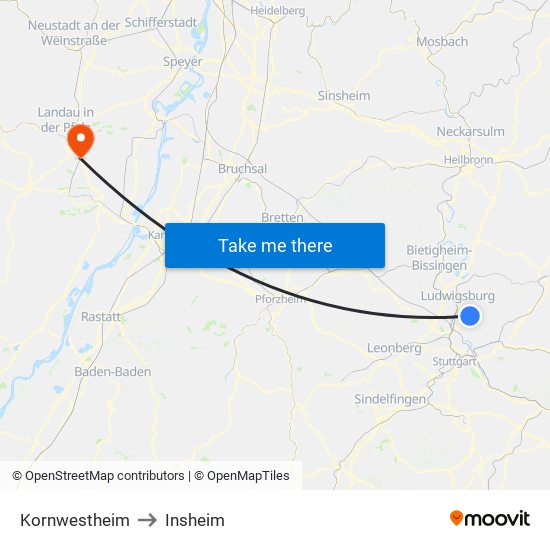 Kornwestheim to Insheim map