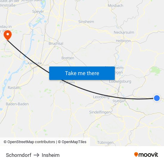 Schorndorf to Insheim map