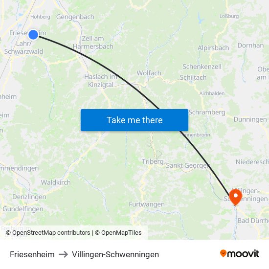 Friesenheim to Villingen-Schwenningen map