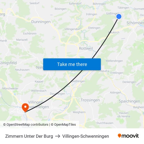 Zimmern Unter Der Burg to Villingen-Schwenningen map