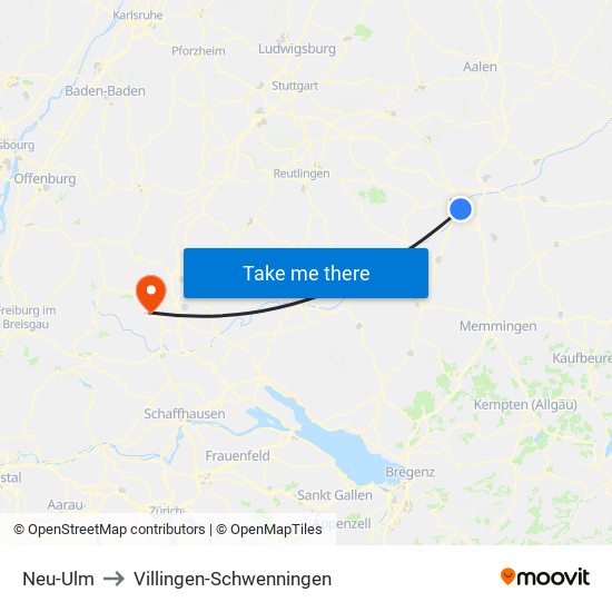 Neu-Ulm to Villingen-Schwenningen map