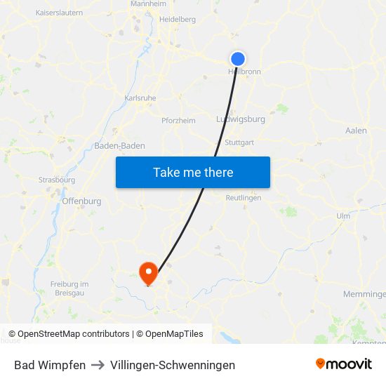 Bad Wimpfen to Villingen-Schwenningen map