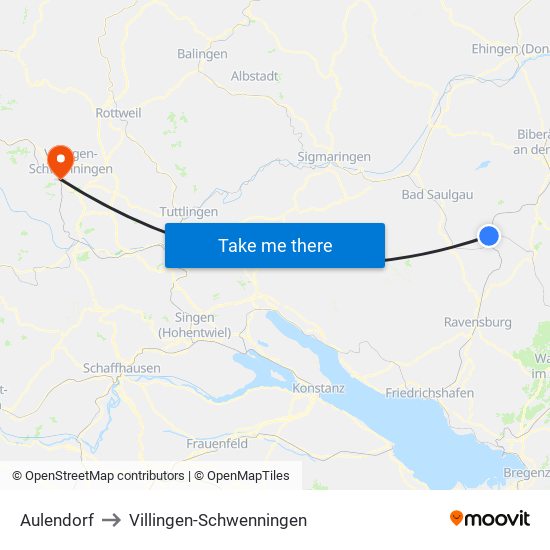 Aulendorf to Villingen-Schwenningen map