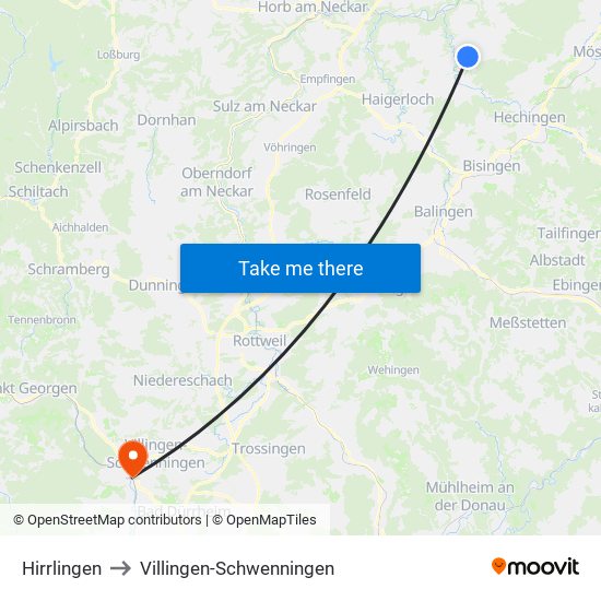 Hirrlingen to Villingen-Schwenningen map