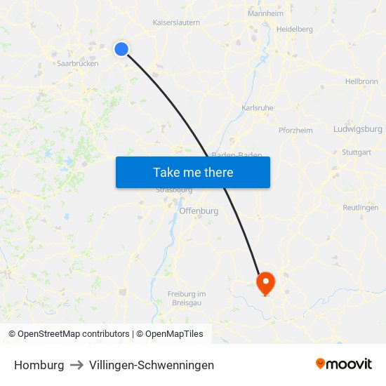 Homburg to Villingen-Schwenningen map