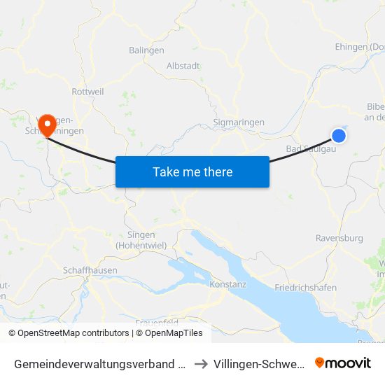 Gemeindeverwaltungsverband Bad Buchau to Villingen-Schwenningen map