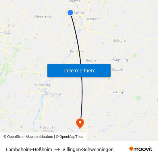 Lambsheim-Heßheim to Villingen-Schwenningen map