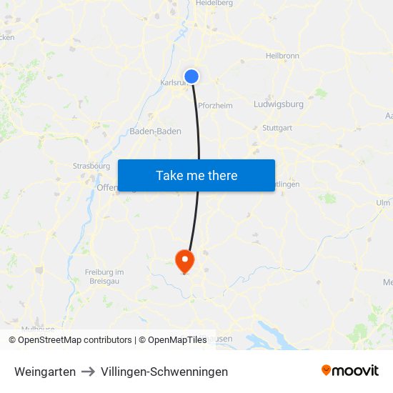 Weingarten to Villingen-Schwenningen map