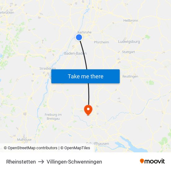 Rheinstetten to Villingen-Schwenningen map