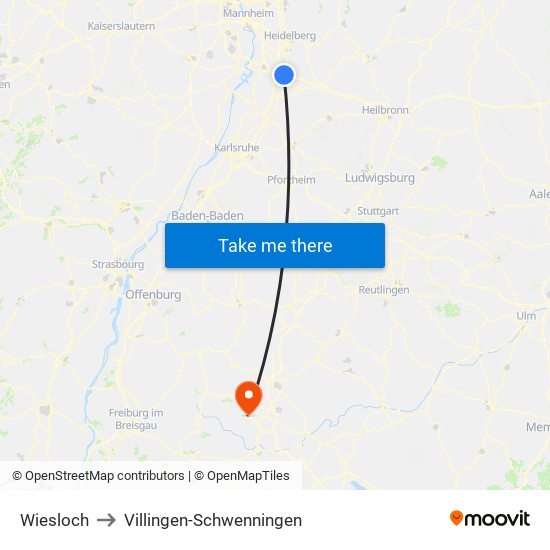 Wiesloch to Villingen-Schwenningen map