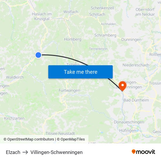 Elzach to Villingen-Schwenningen map