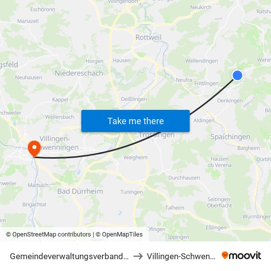 Gemeindeverwaltungsverband Heuberg to Villingen-Schwenningen map