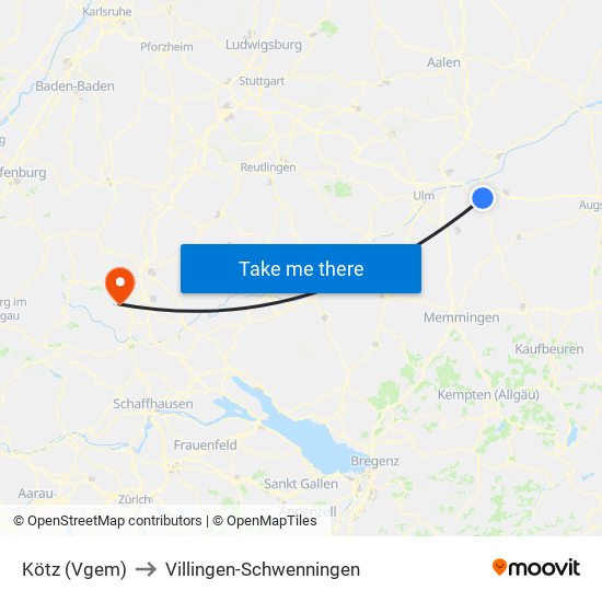 Kötz (Vgem) to Villingen-Schwenningen map