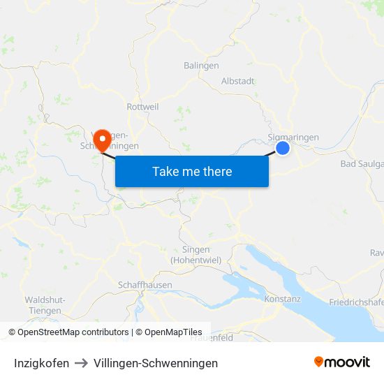 Inzigkofen to Villingen-Schwenningen map