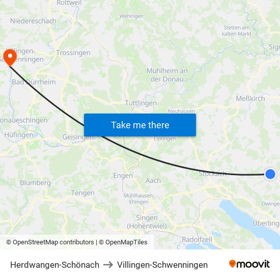 Herdwangen-Schönach to Villingen-Schwenningen map