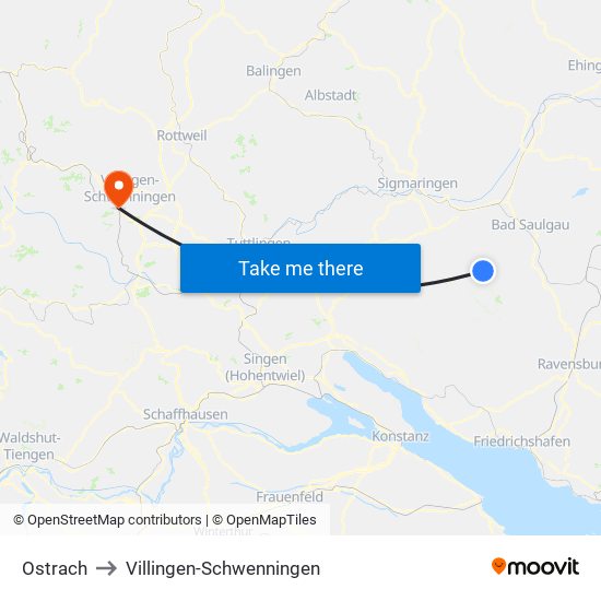Ostrach to Villingen-Schwenningen map