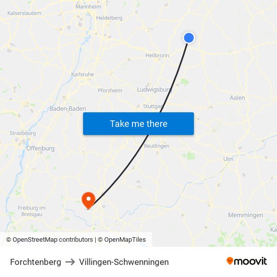 Forchtenberg to Villingen-Schwenningen map