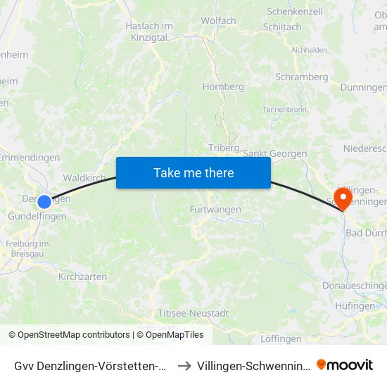 Gvv Denzlingen-Vörstetten-Reute to Villingen-Schwenningen map
