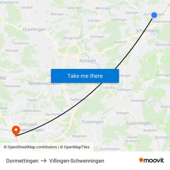 Dormettingen to Villingen-Schwenningen map