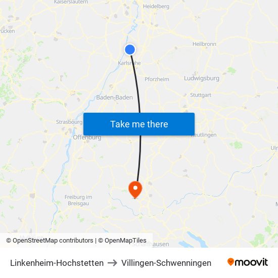 Linkenheim-Hochstetten to Villingen-Schwenningen map