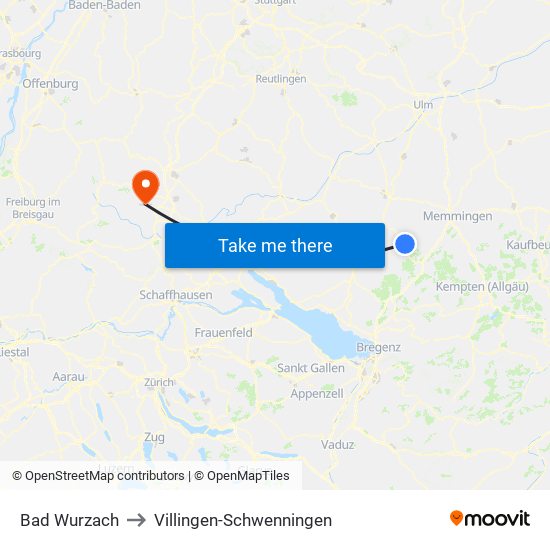 Bad Wurzach to Villingen-Schwenningen map