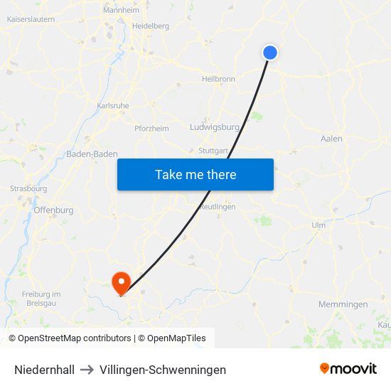 Niedernhall to Villingen-Schwenningen map