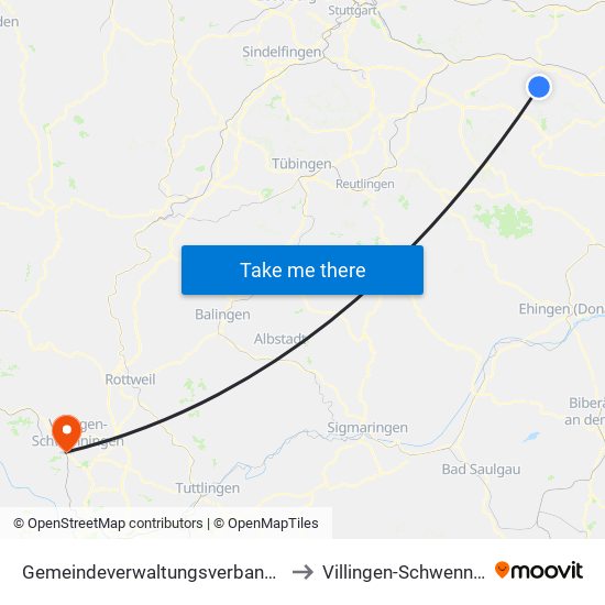 Gemeindeverwaltungsverband Voralb to Villingen-Schwenningen map