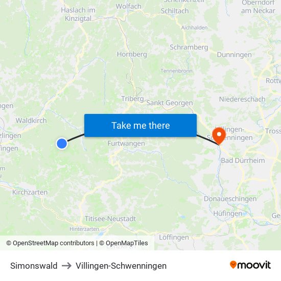 Simonswald to Villingen-Schwenningen map