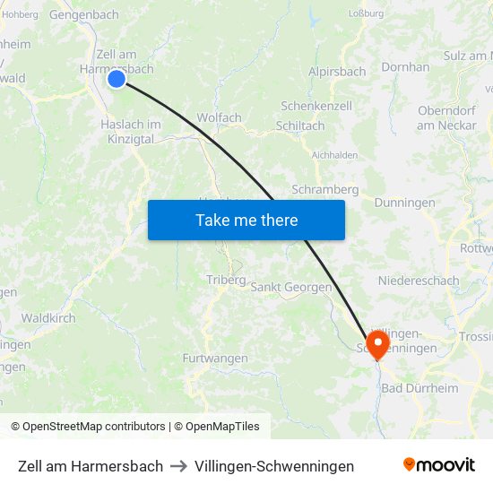 Zell am Harmersbach to Villingen-Schwenningen map