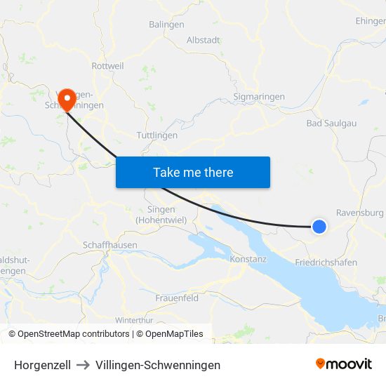 Horgenzell to Villingen-Schwenningen map