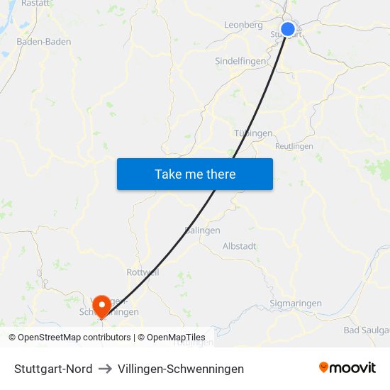 Stuttgart-Nord to Villingen-Schwenningen map