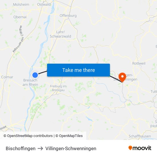 Bischoffingen to Villingen-Schwenningen map