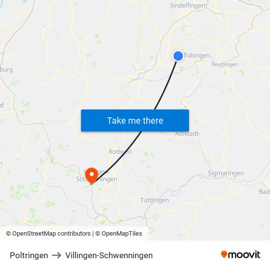 Poltringen to Villingen-Schwenningen map