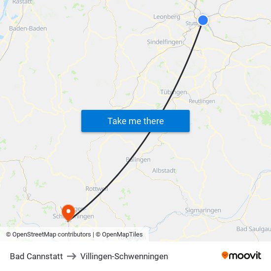 Bad Cannstatt to Villingen-Schwenningen map