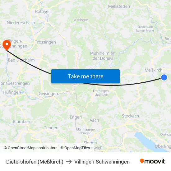 Dietershofen (Meßkirch) to Villingen-Schwenningen map