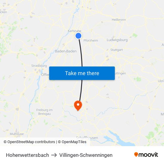 Hohenwettersbach to Villingen-Schwenningen map